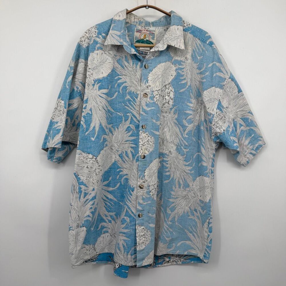 Vintage Paradise of the Pacific Blue Pineapple Reverse Print Hawaiian Shirt XL